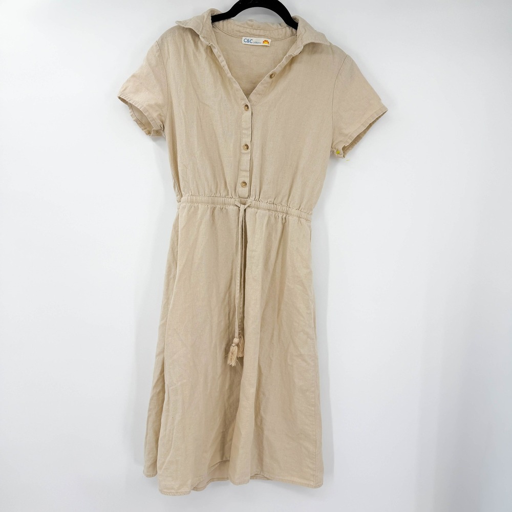 C&C California Tan Linen Blend Button Front Shirt Dress Drawstring Waist Small